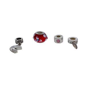 Lot of 4 Charms: Pandora Palm Tree, Chamilia Swarovski Clip, Red Glass, Mother